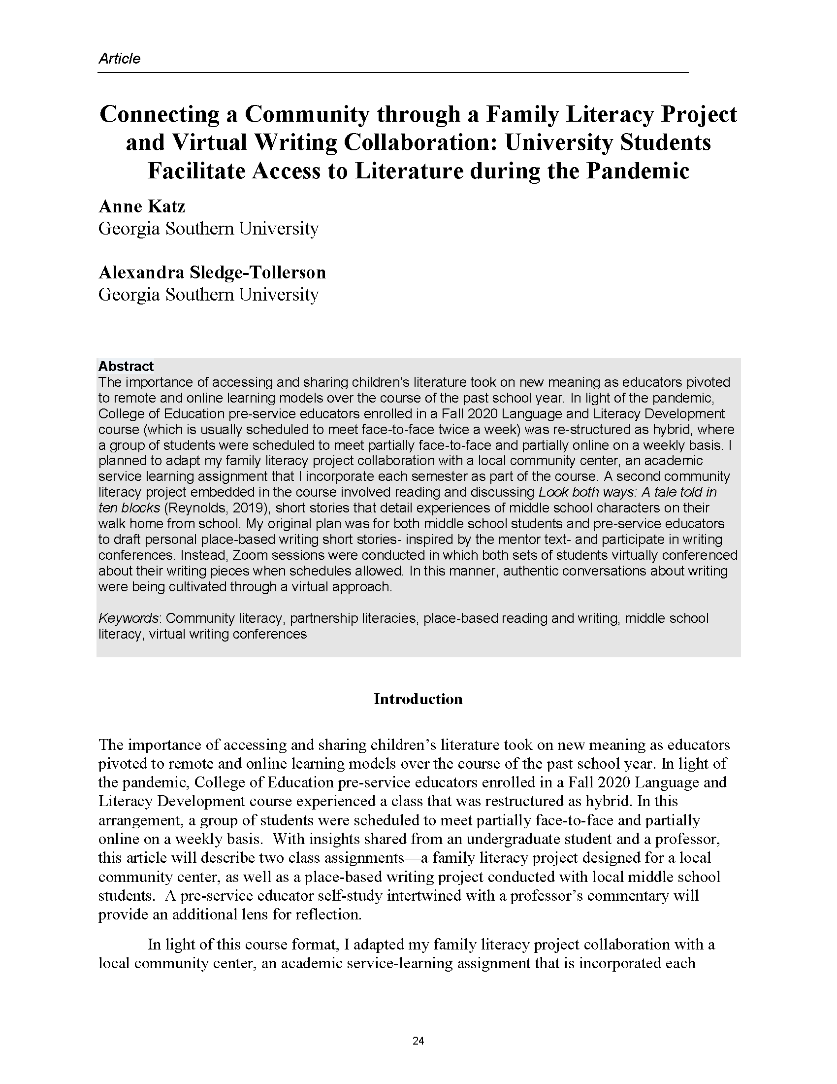 Family Literacy and Virtual Writing Collaboration (Katz & Sledge-Tollerson, 2021)