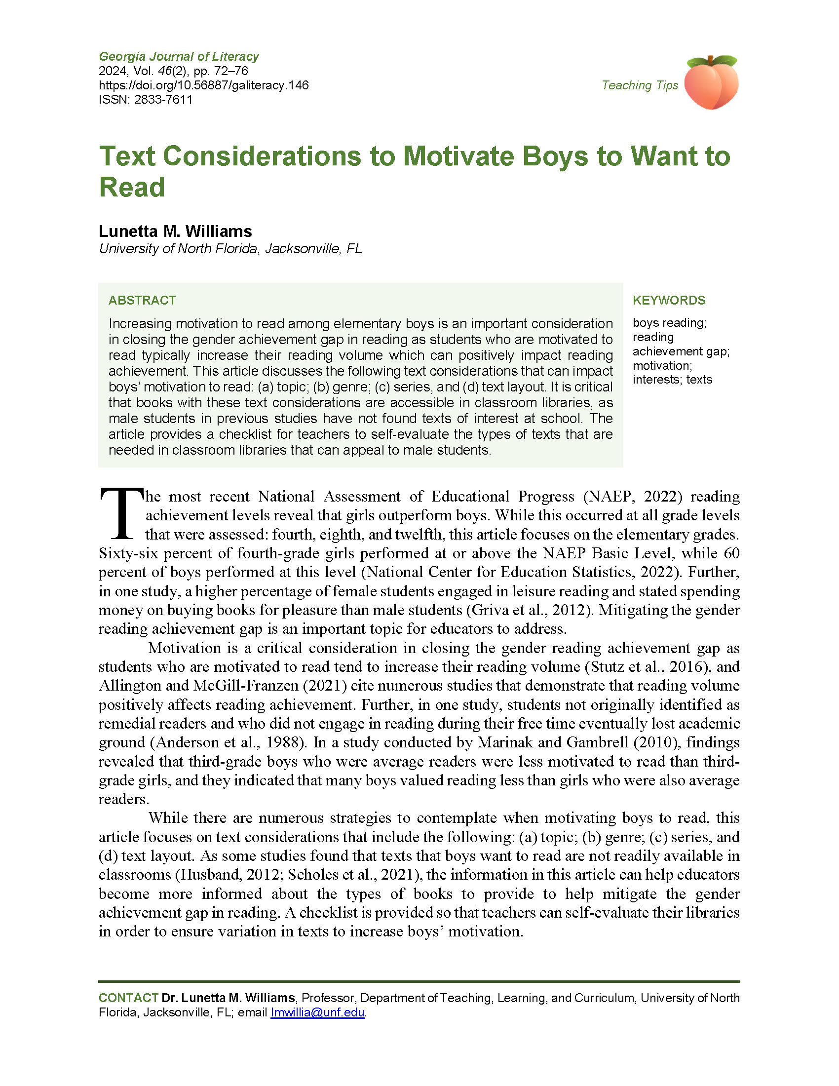 Text Considerations to Motivate Boys (Williams, 2024)