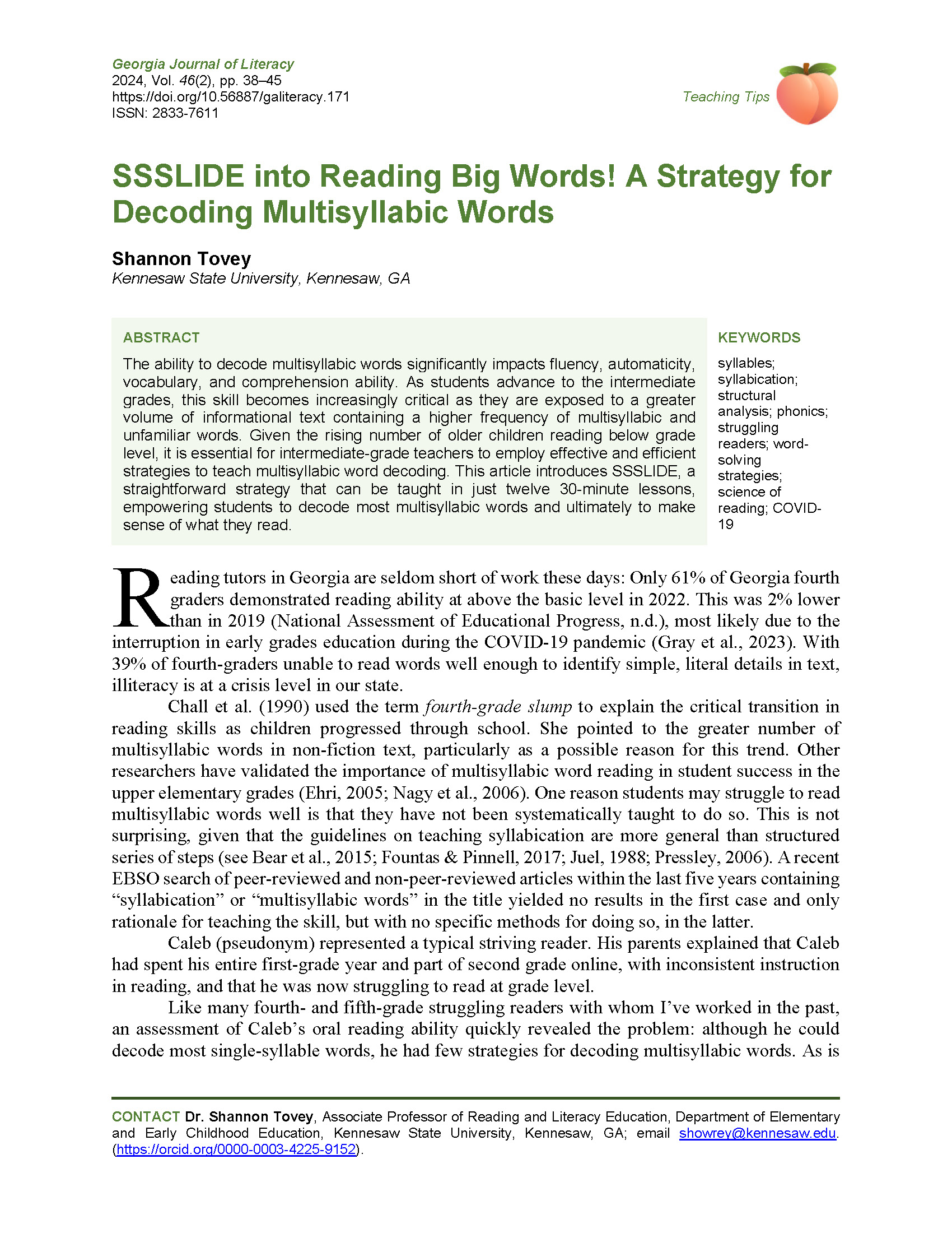 SSSLIDE into Reading (Tovey, 2024)