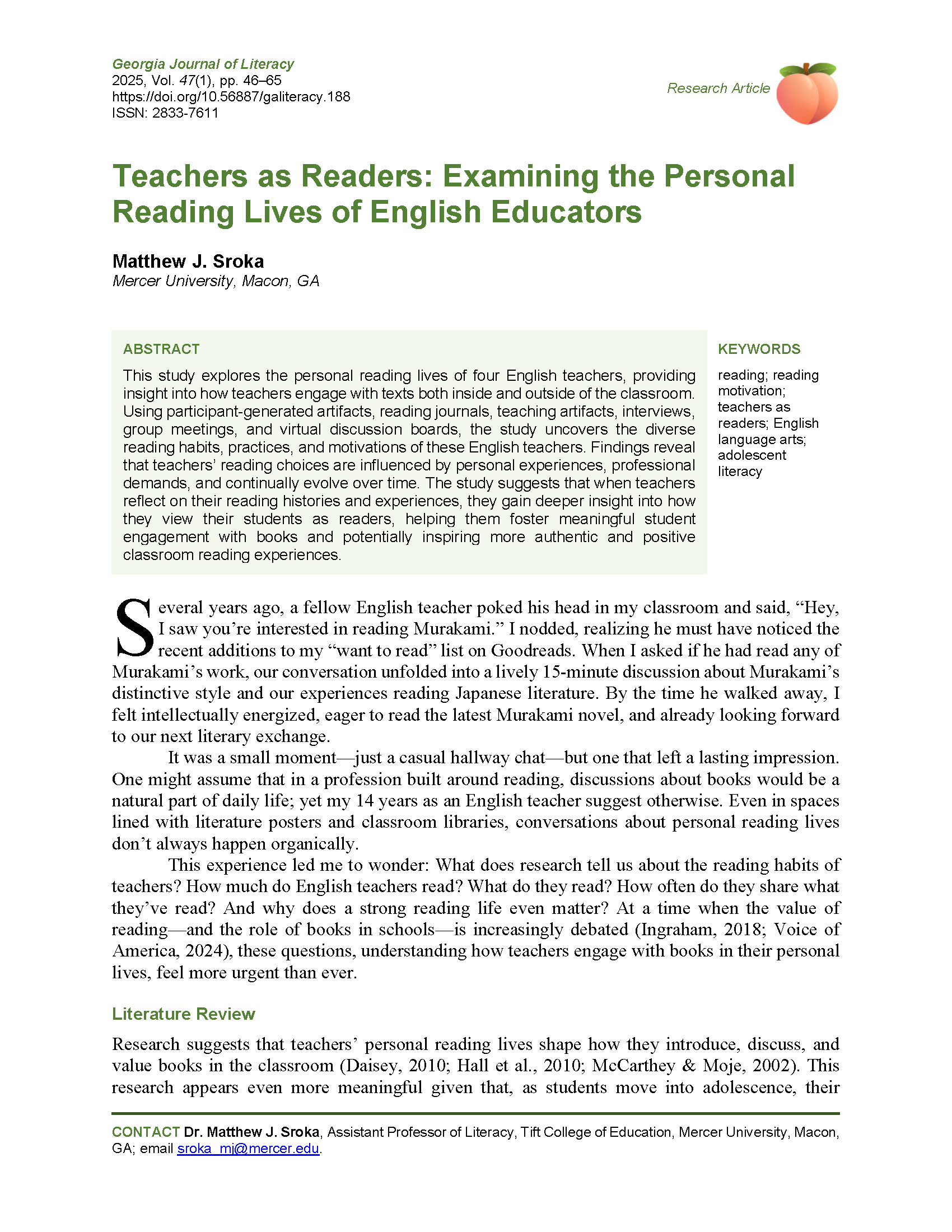 188 Teachers as Readers (Sroka, 2025)