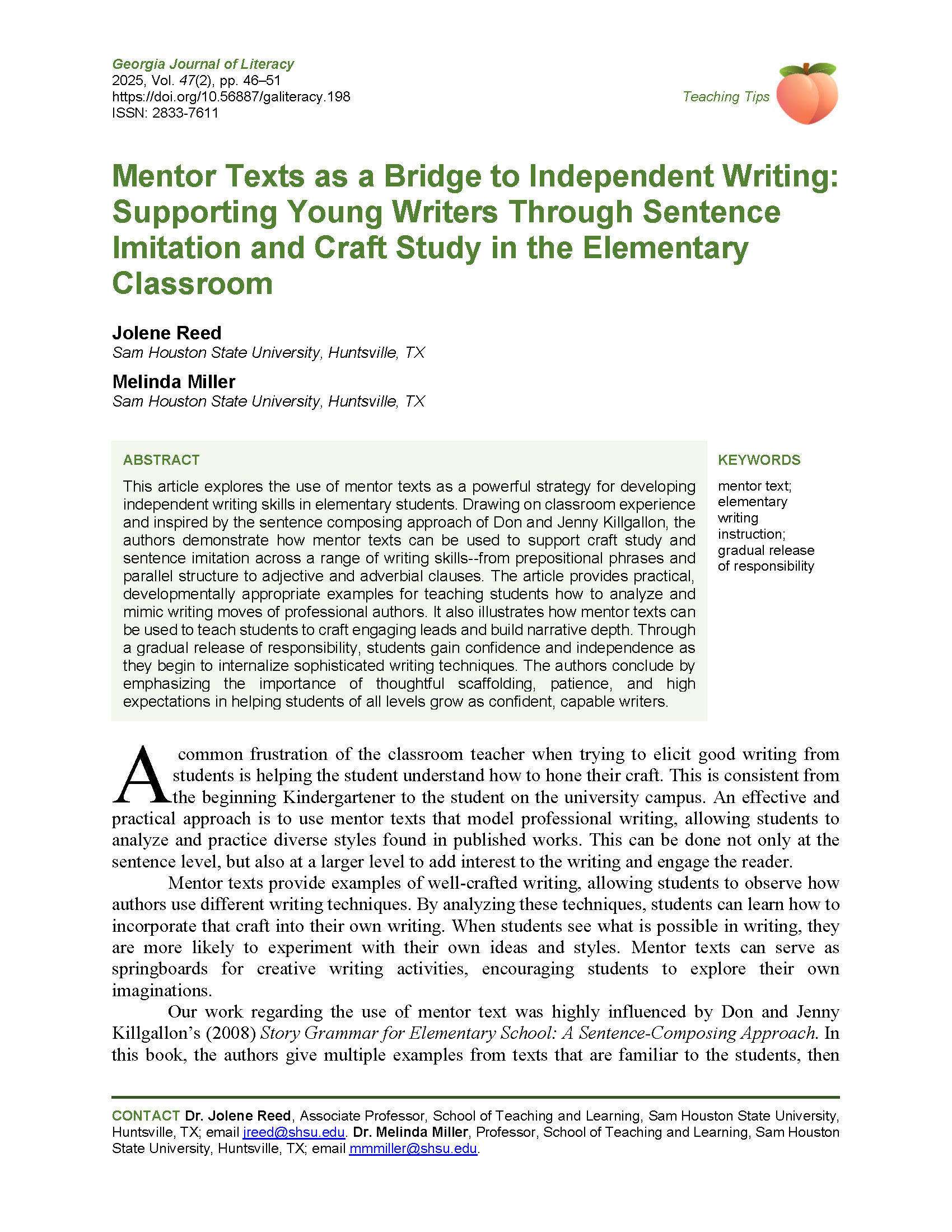 198 Mentor Texts Bridge to Independent Writing (Reed & Miller, 2025)