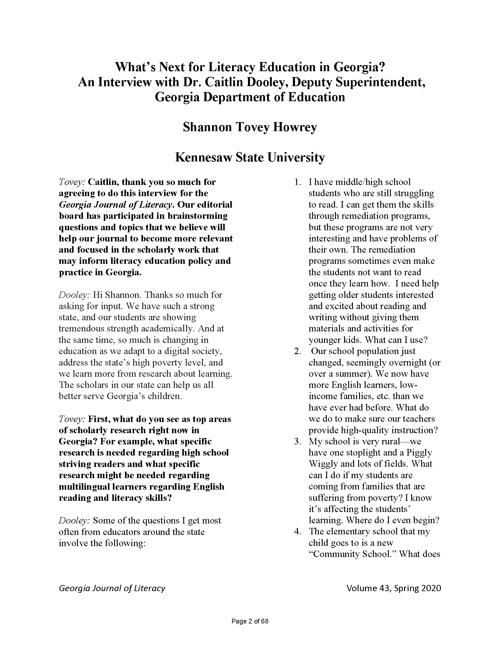 What's Next for Literacy Education in Georgia (Howrey, 2020)