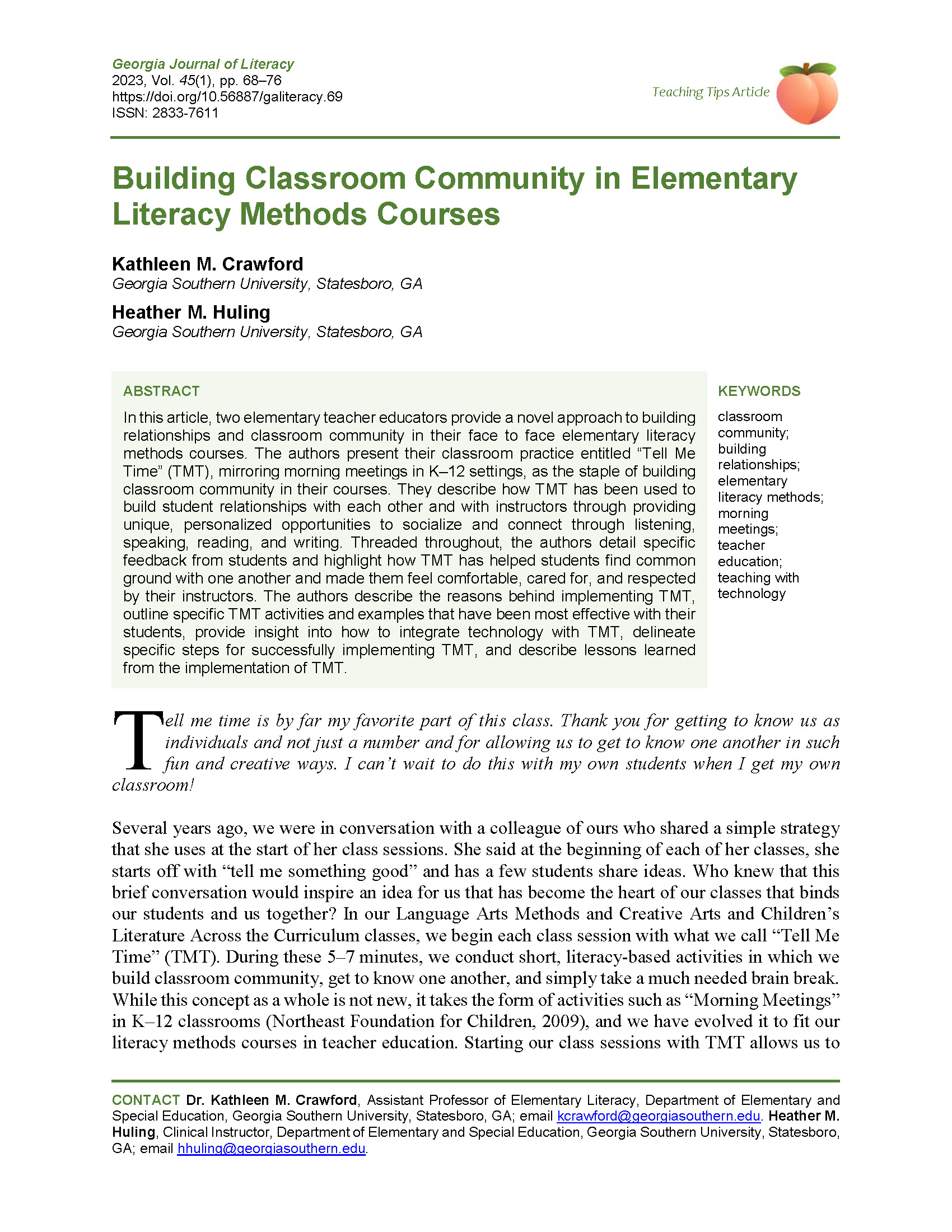 Building Classroom Community (Crawford & Huling, 2023)